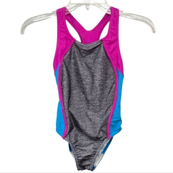Speedo Girls Pink Gray Swimsuit Splice Racerback Keyhole One-Piece Bathing Suit - Picture 2 of 10